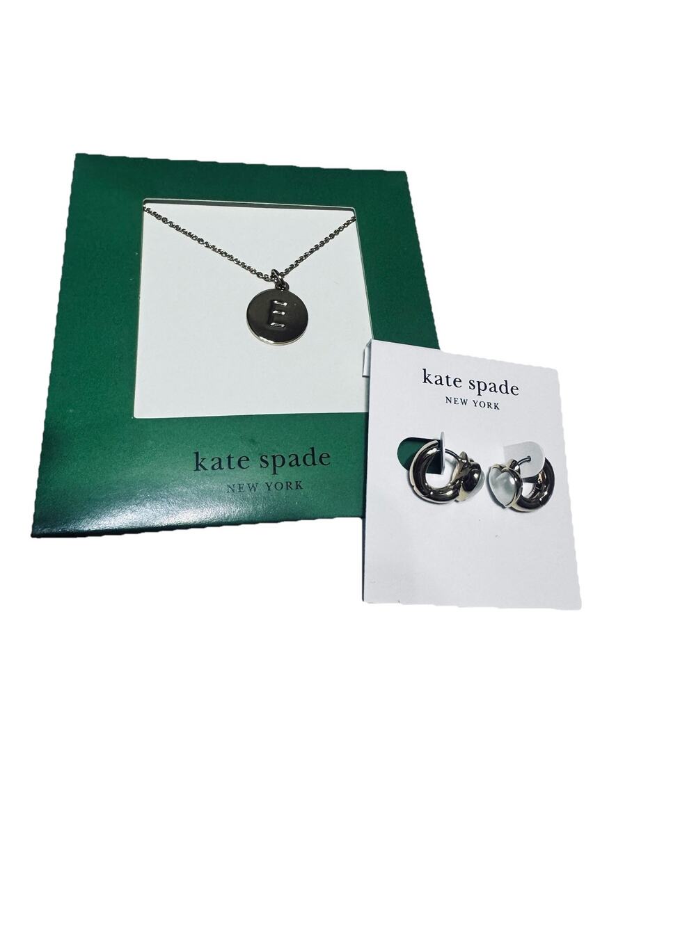 New Kate Spade initial E necklace Gold Plated & Pearl Heart Huggie Earrings